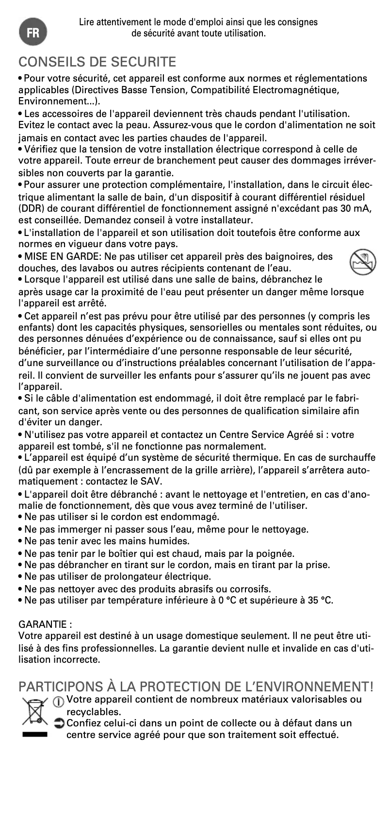 Page 1 de la notice Manuel utilisateur Calor Sign Elite CV1212