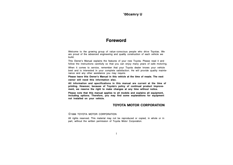 Page 1 de la notice Manuel utilisateur Toyota Camry (2000)