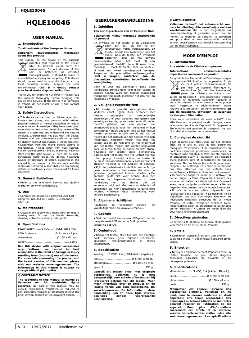 Page 1 de la notice Manuel utilisateur HQ Power HQLE10046