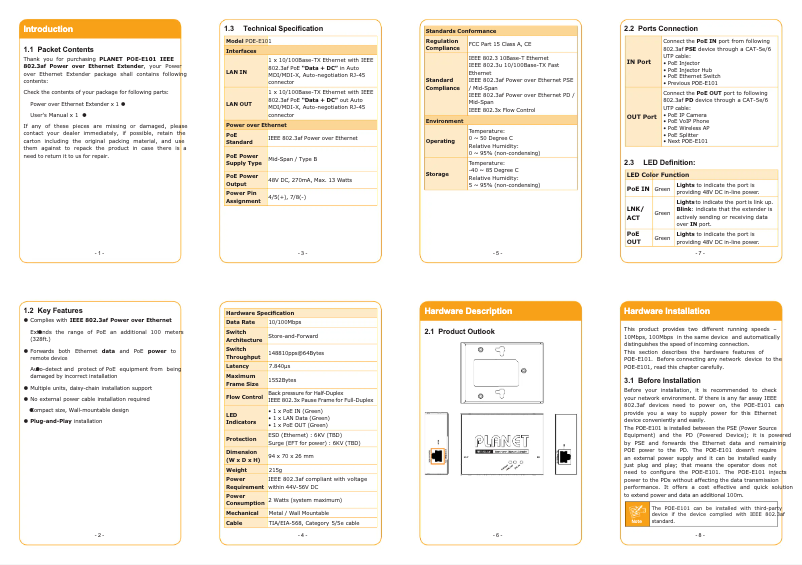Page 1 de la notice Manuel utilisateur Planet POE-E101