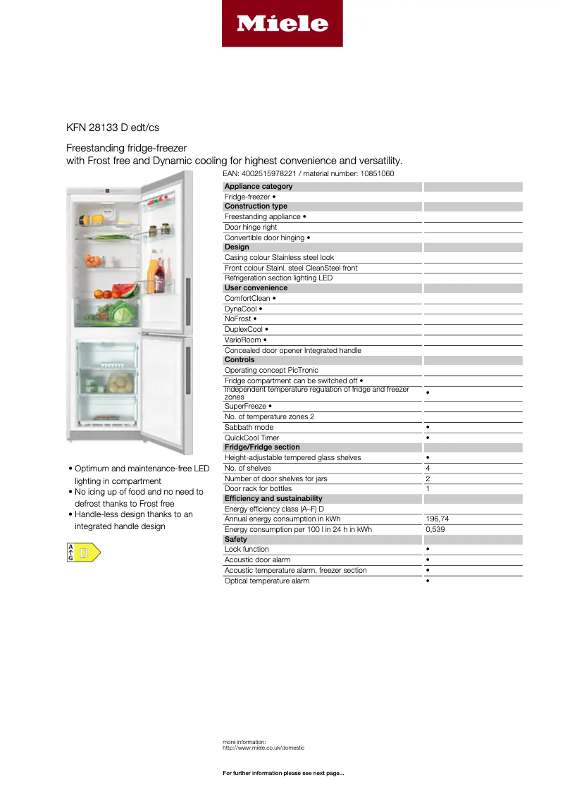 Page 1 de la notice Fiche technique Miele KFN 28133 D