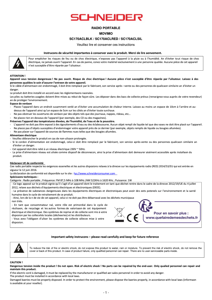 Page n°1 - Manuel utilisateur Schneider SC170ACL