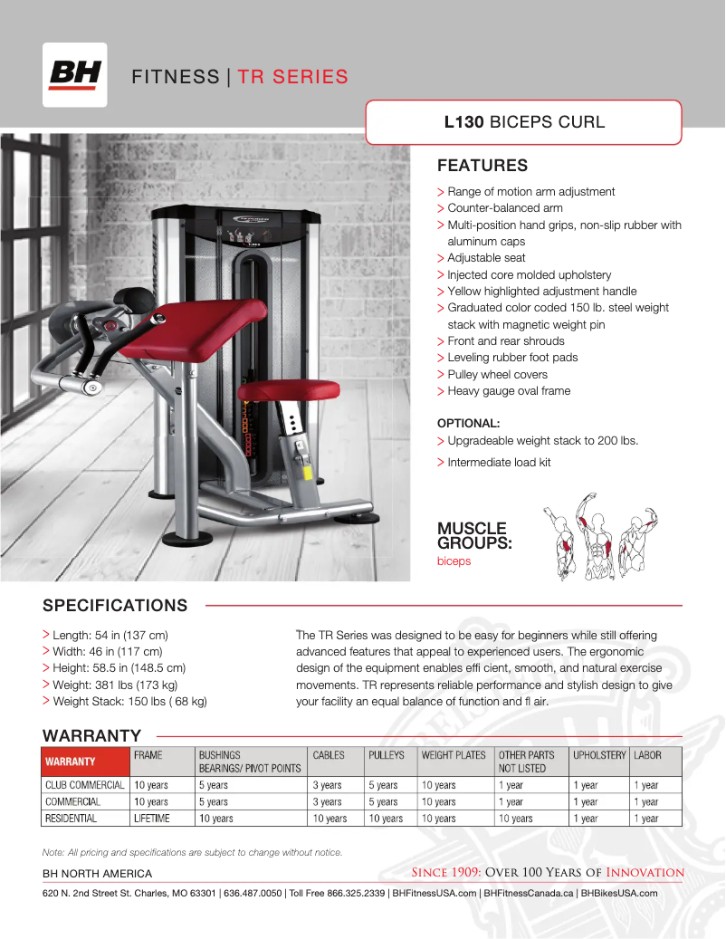 Page 1 de la notice Fiche technique BH Fitness L130