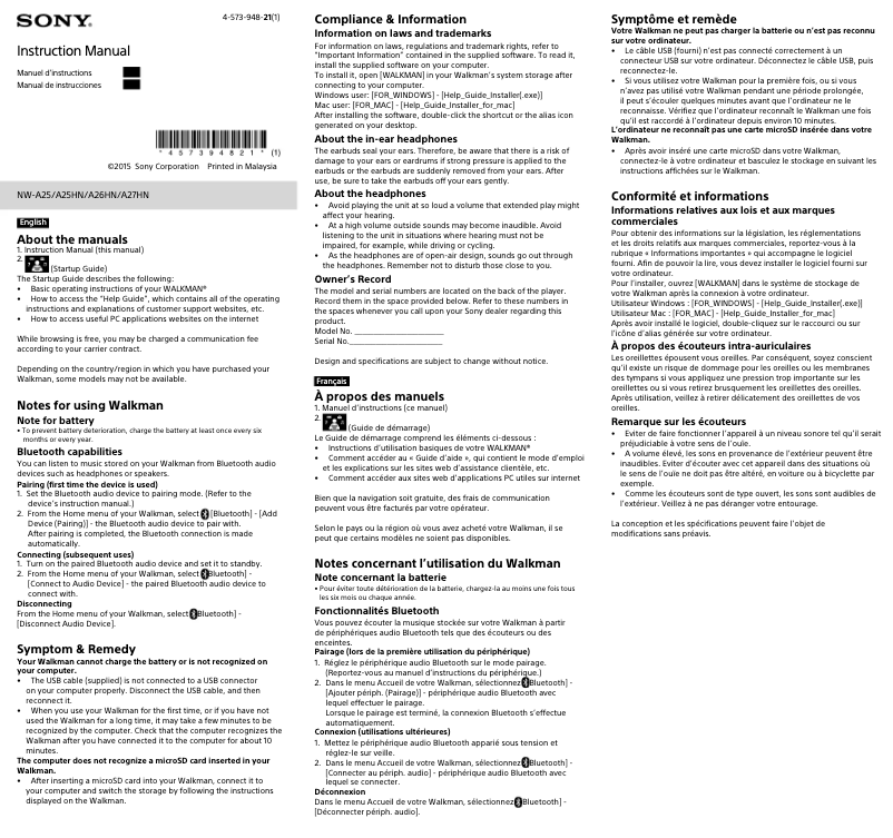Page n°1 - Manuel utilisateur Sony Walkman NW-A26HN