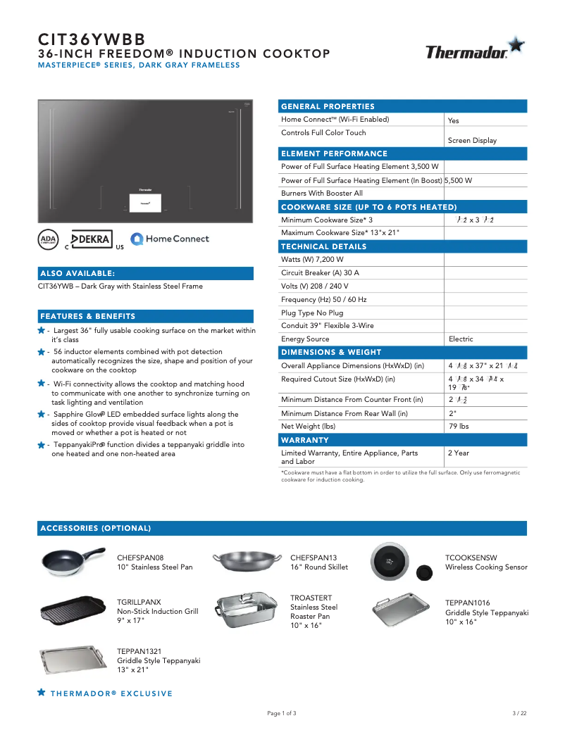 Page 1 de la notice Fiche technique Thermador CIT36YWBB
