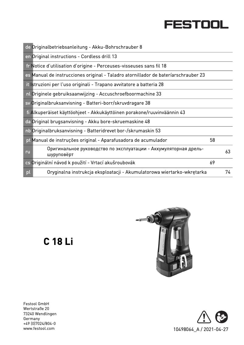 Page 1 de la notice Manuel utilisateur Festool C 18