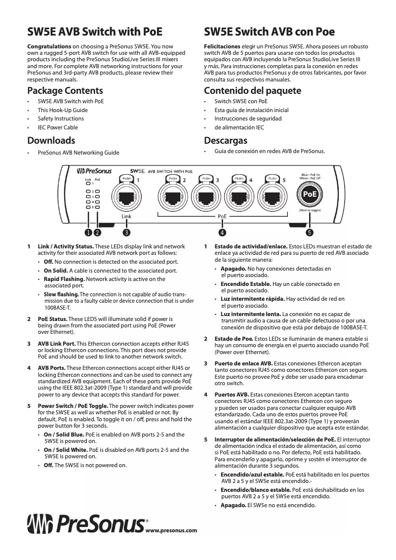 Page 1 de la notice Manuel utilisateur PreSonus SW5E