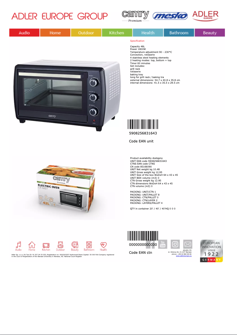 Page 1 de la notice Manuel utilisateur Adler CR 6007