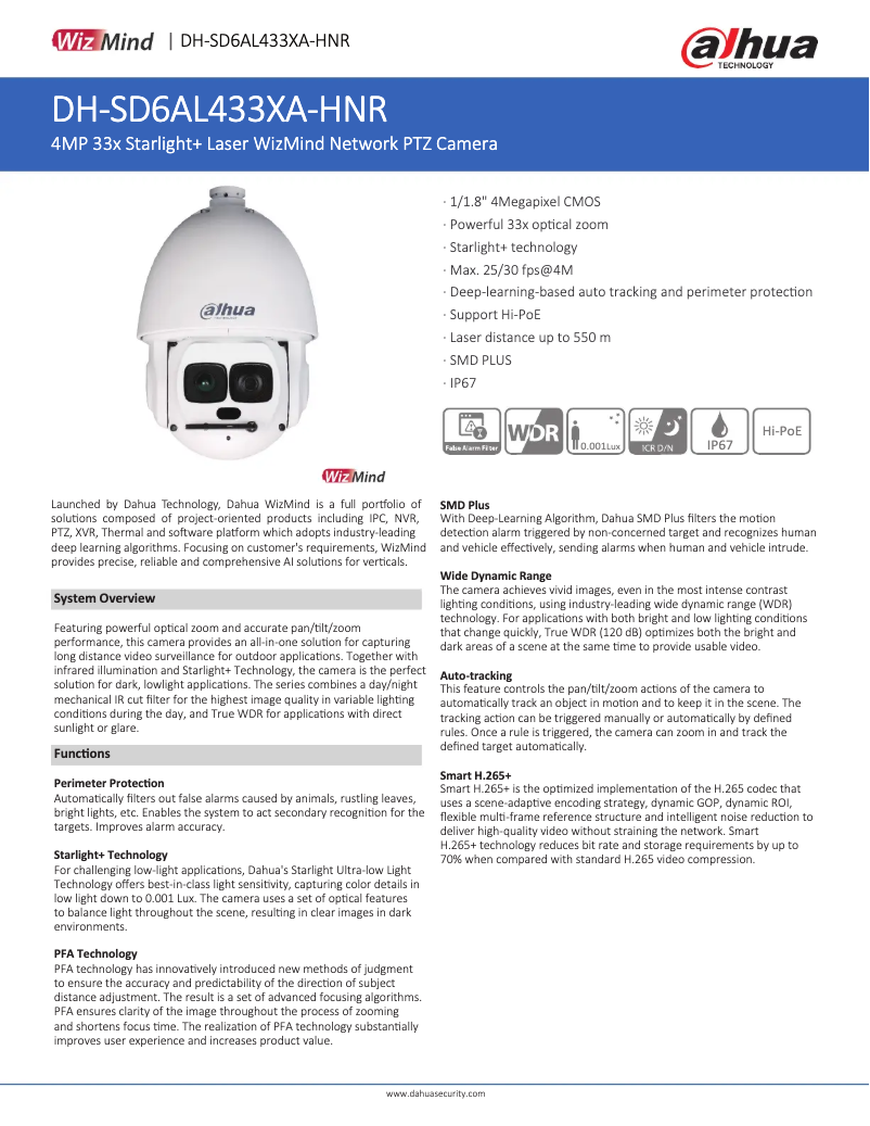 Page 1 de la notice Fiche technique Dahua Technology SD6AL433XA-HNR