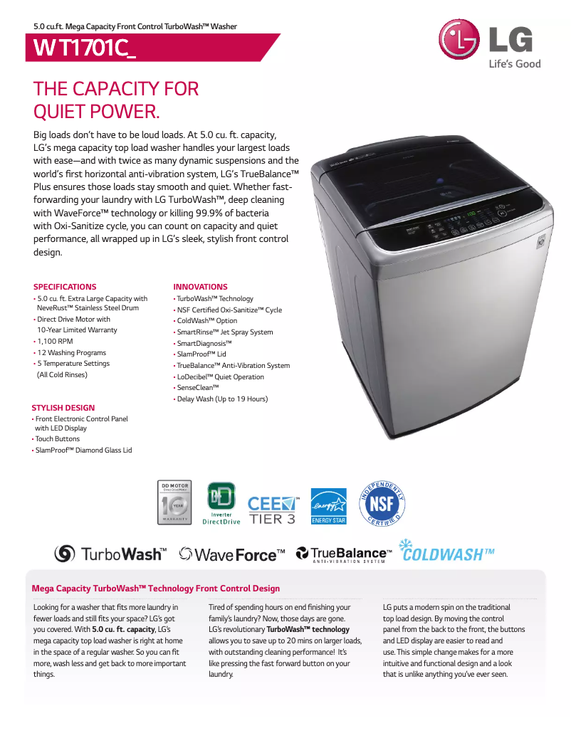 Page 1 de la notice Fiche technique LG WT1701CV