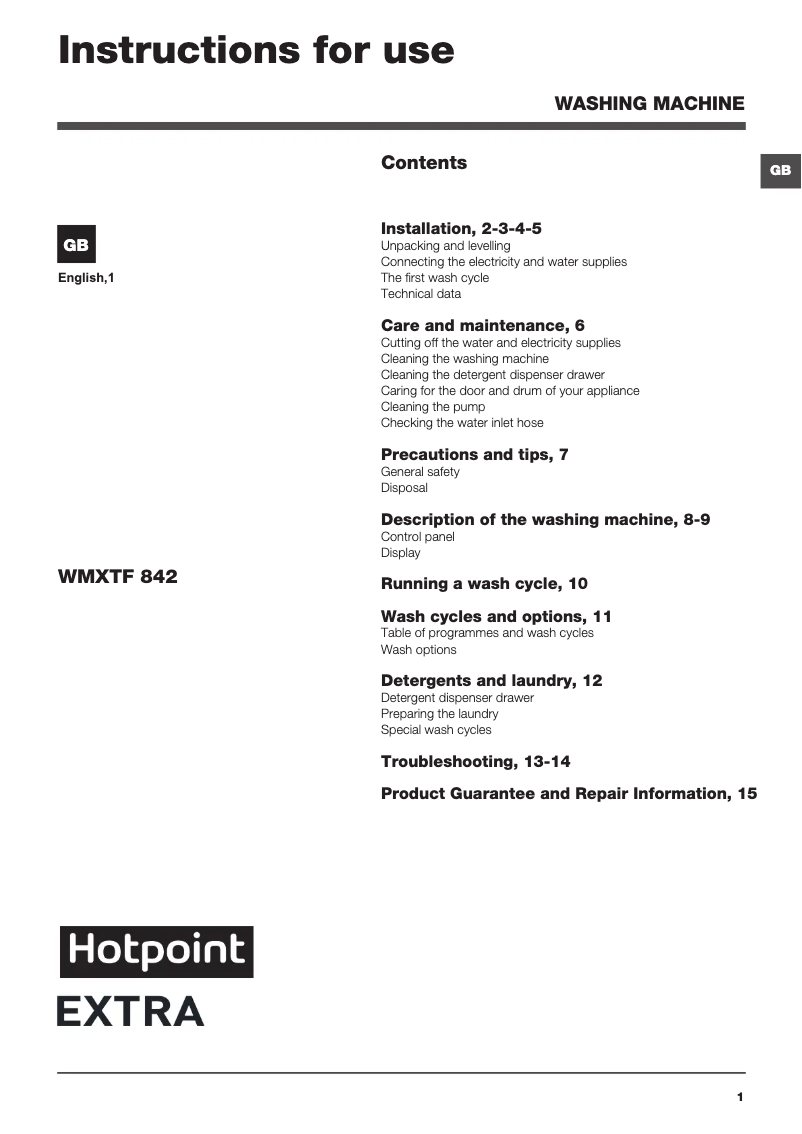 Page 1 de la notice Manuel utilisateur Hotpoint WMXTF 842P UK.M