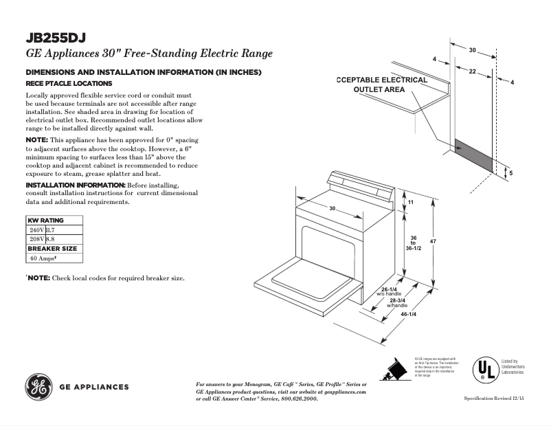 Page n°1 - Fiche technique GE JB255DJBB