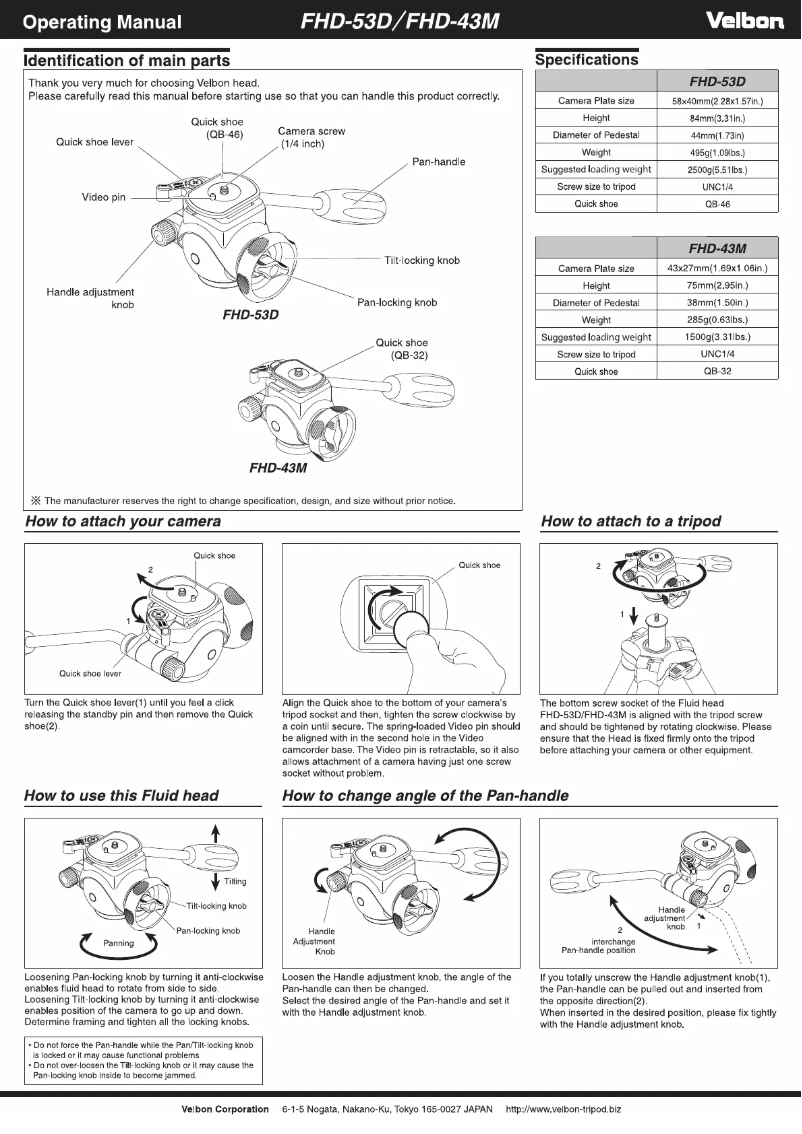 Page 1 de la notice Manuel utilisateur Velbon FHD-53D