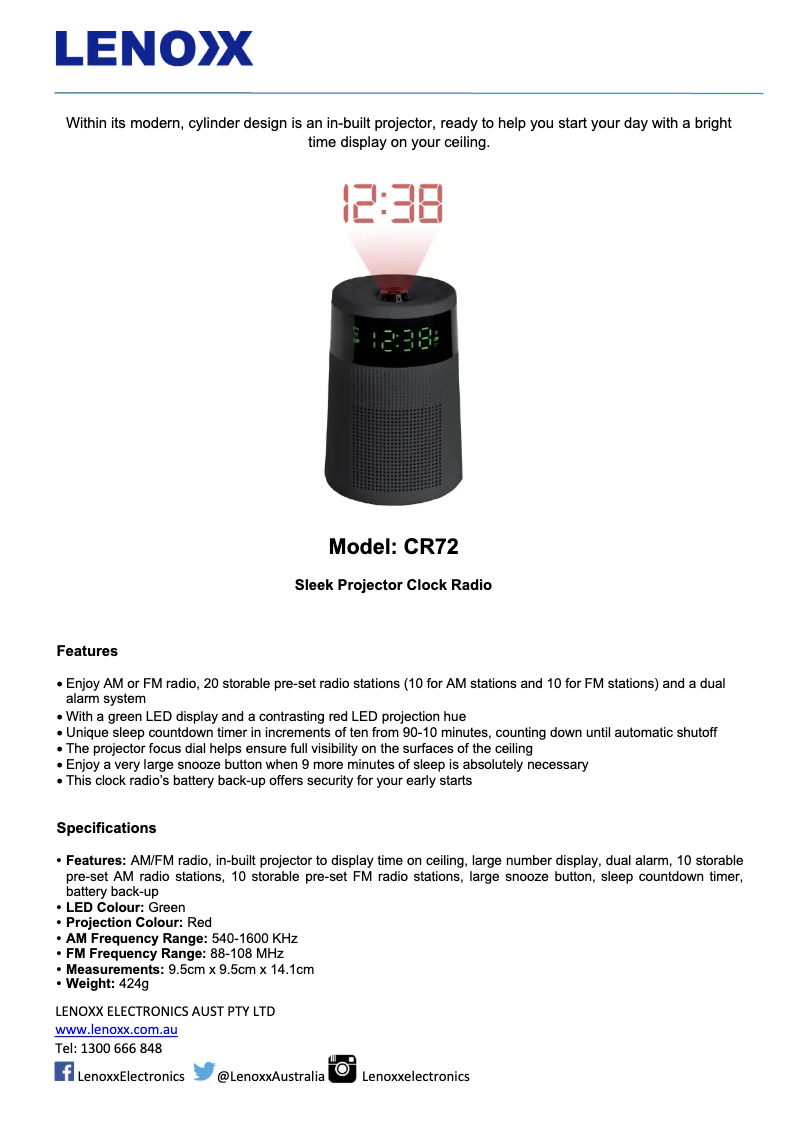 Page 1 de la notice Fiche technique Lenoxx CR72