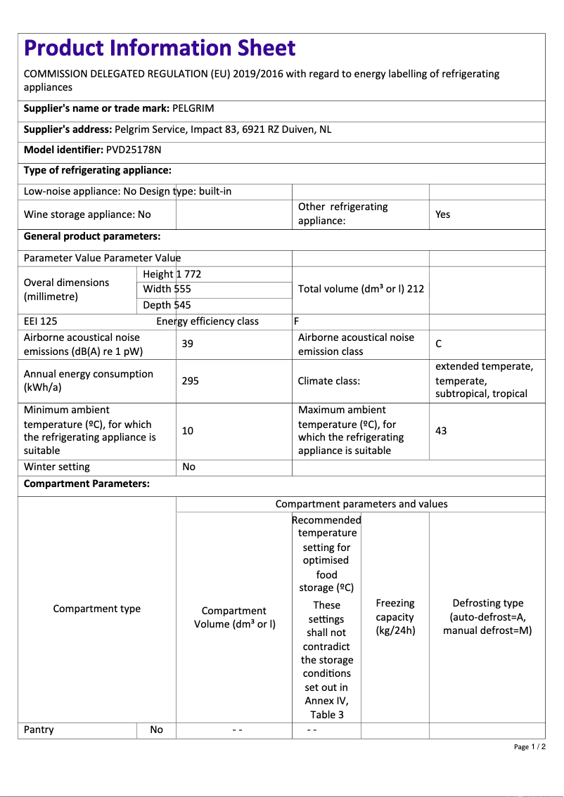 Page 1 de la notice Fiche technique Pelgrim PVD25178N