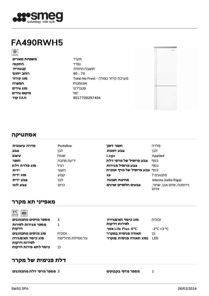 Página 1 del manual Ficha técnica Smeg FA490RWH5
