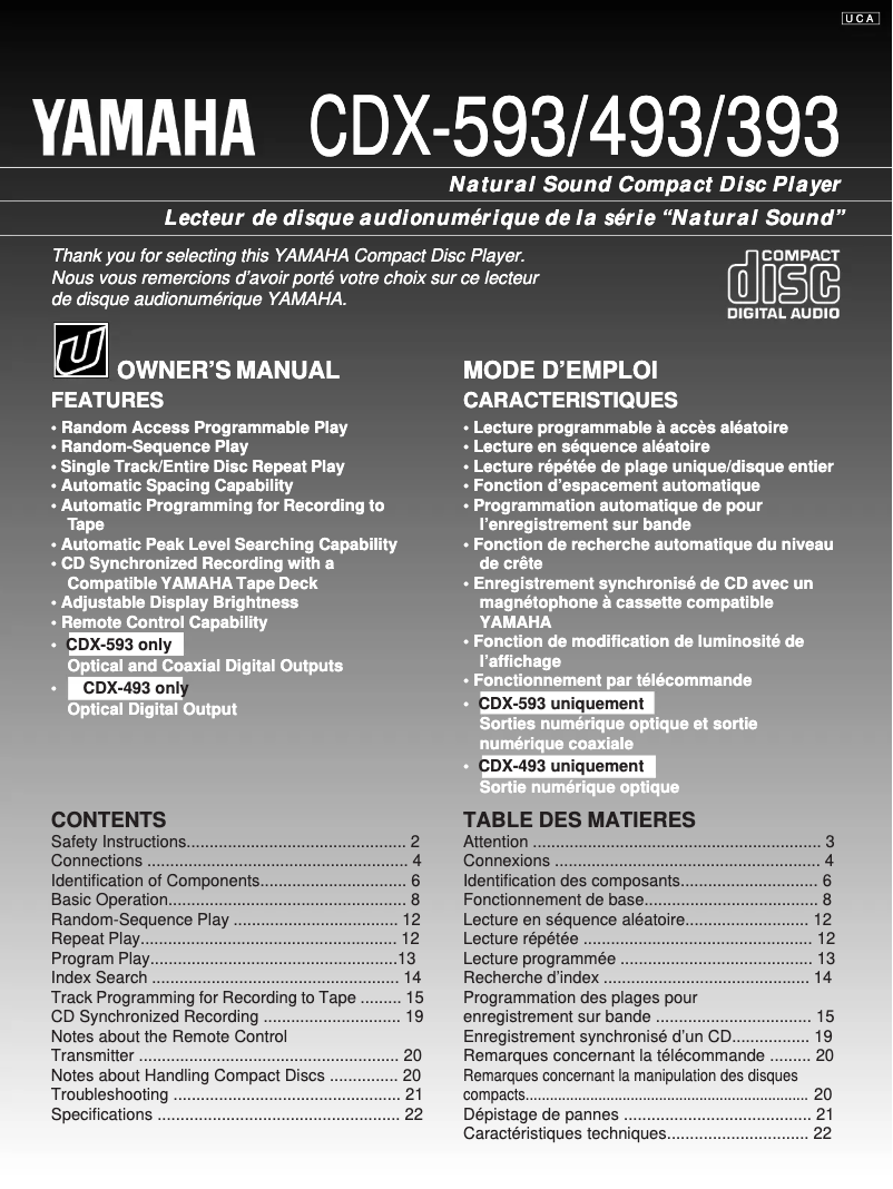 Page 1 de la notice Manuel utilisateur Yamaha CDX-393