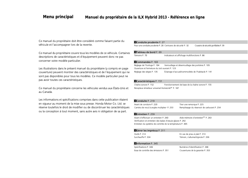 Page n°1 - Manuel utilisateur Acura ILX Hybrid (2013)