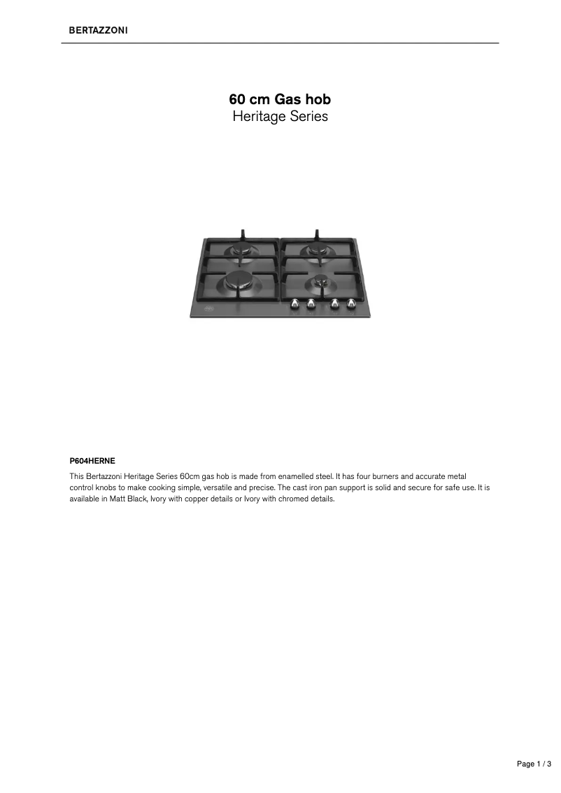 Page 1 de la notice Fiche technique Bertazzoni P604HERNE