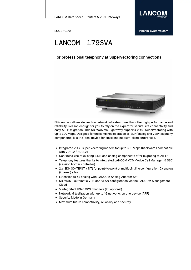 Page 1 de la notice Fiche technique Lancom 1793VA