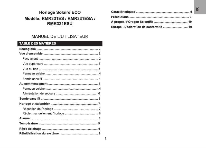 Page 1 de la notice Manuel utilisateur Oregon Scientific RMR331ES
