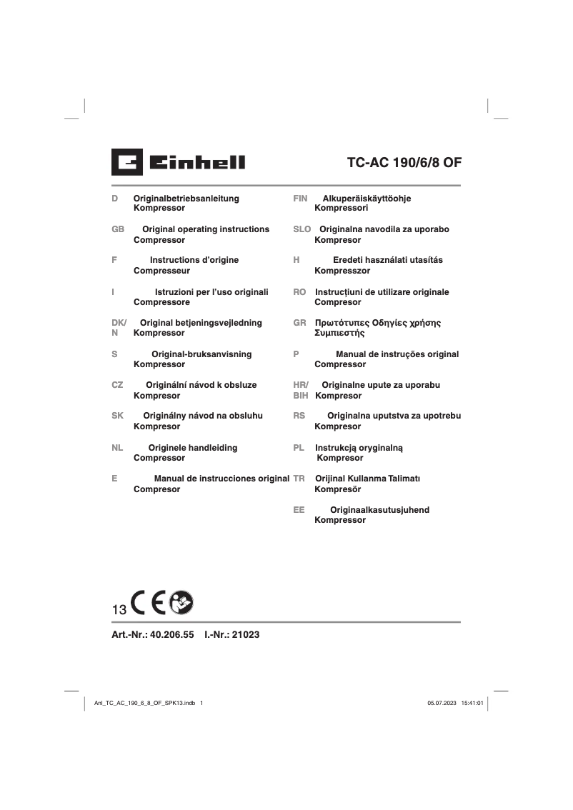 Page n°1 - Manuel utilisateur Einhell TC-AC 190/6/8 OF