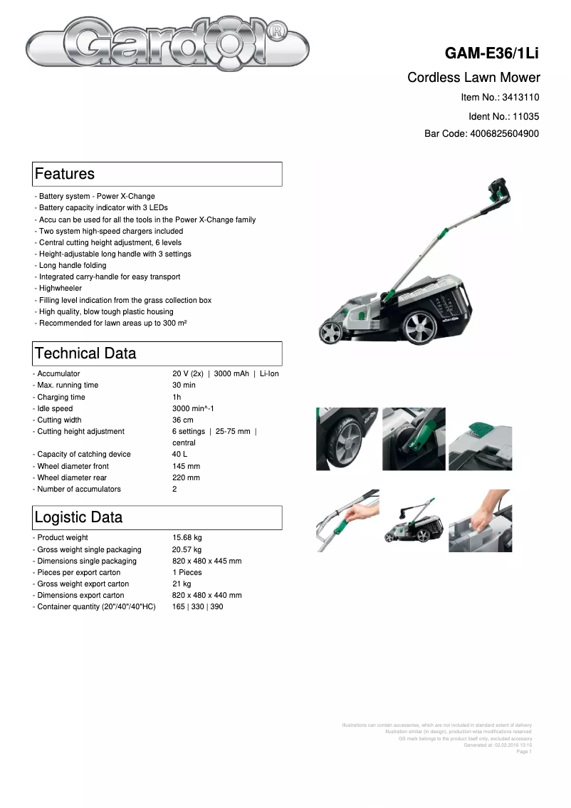 Page 1 of the manual Technical Sheet Gardol GAM-E36/1Li