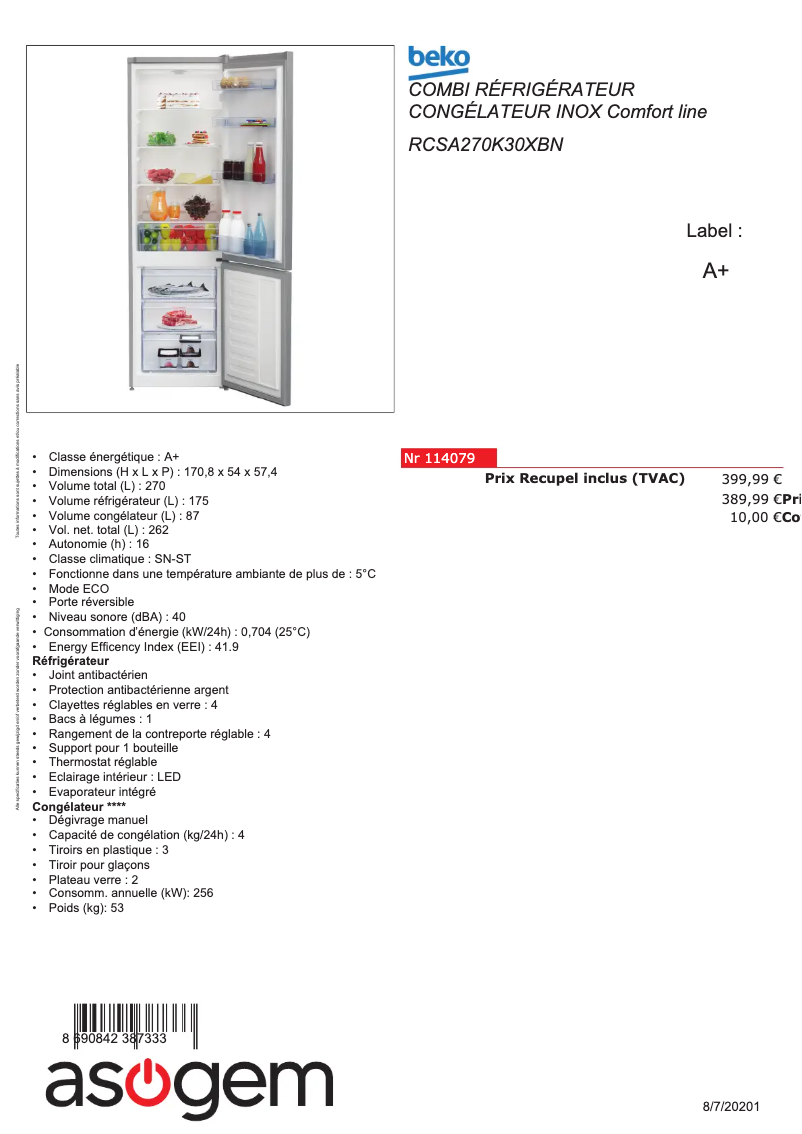 Page 1 de la notice Fiche technique Beko RCSA270K30XBN