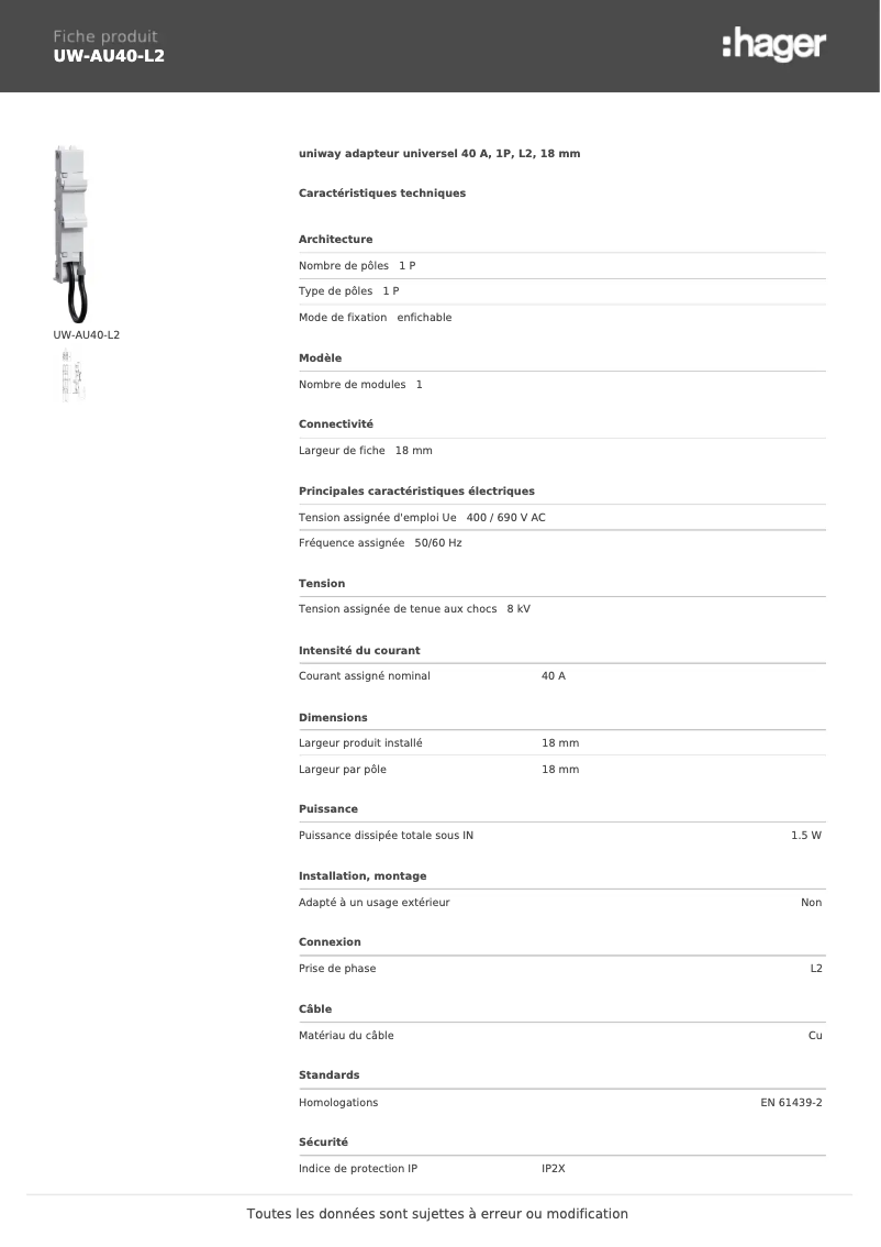 Page n°1 - Manuel utilisateur Hager UW-AU40-L2