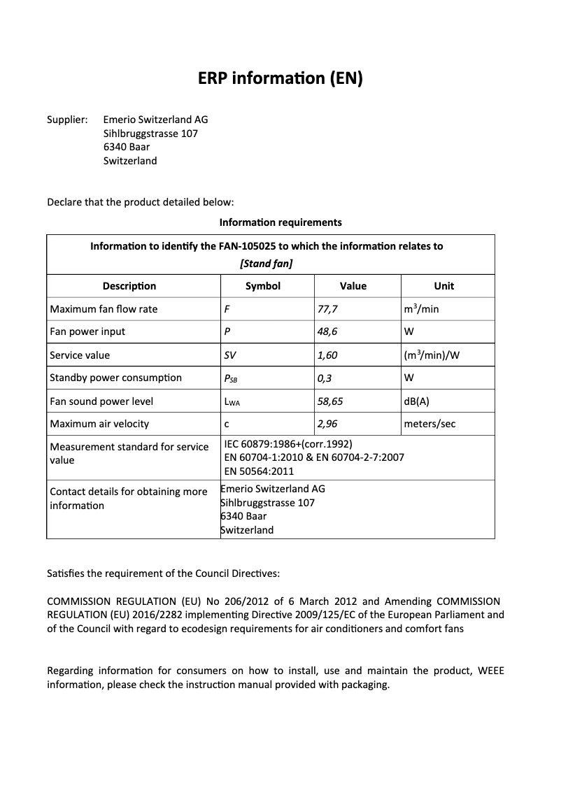 Page n°1 - Fiche technique Emerio FAN-105025