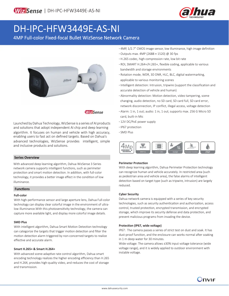 Page 1 de la notice Fiche technique Dahua Technology IPC-HFW3449E-AS-NI