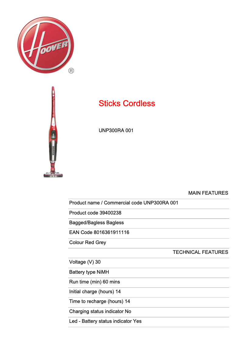 Page 1 de la notice Fiche technique Hoover UNP300RA 001