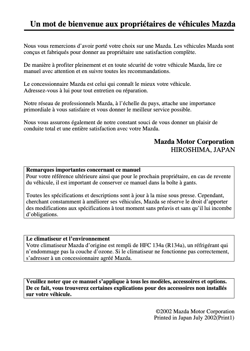 Page 1 de la notice Manuel utilisateur Mazda MX-5 (2003)