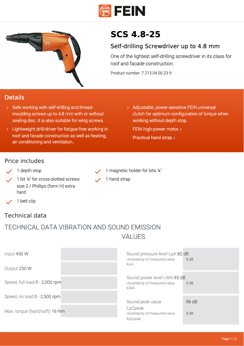 Página 1 del manual Ficha técnica Fein SCS 4.8-25