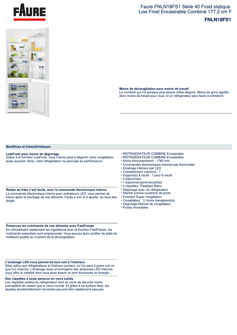 Page 1 de la notice Fiche technique Faure FNLN18FS1