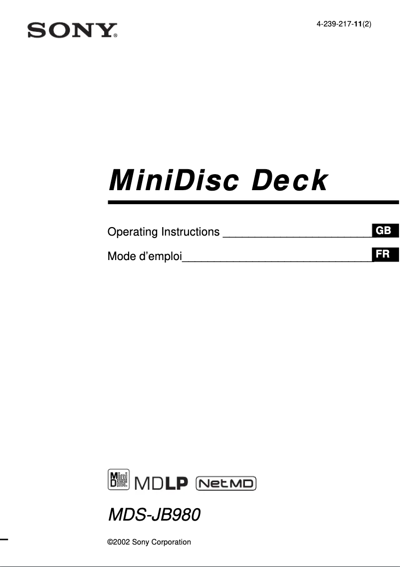 Page 1 de la notice Manuel utilisateur Sony MDS-JB980