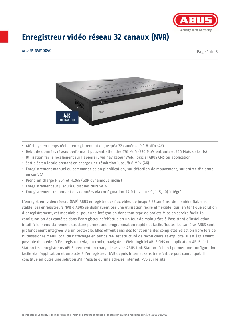 Page 1 de la notice Fiche technique Abus NVR10040