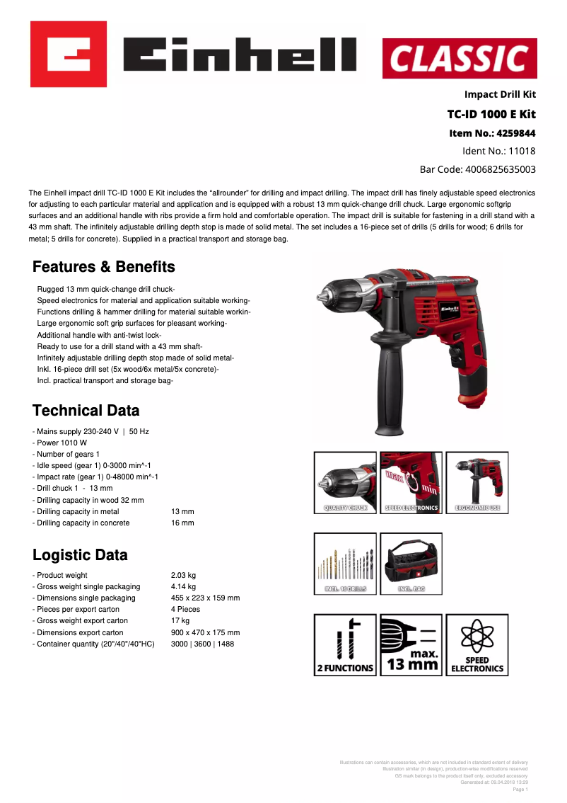 Page 1 de la notice Fiche technique Einhell TC-ID 1000 E Kit