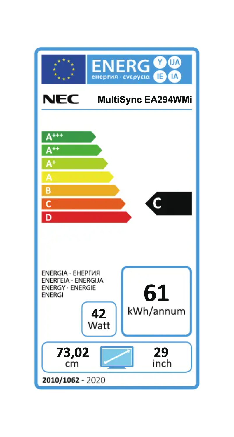 Page 1 de la notice Label énergétique NEC MultiSync EA294WMi