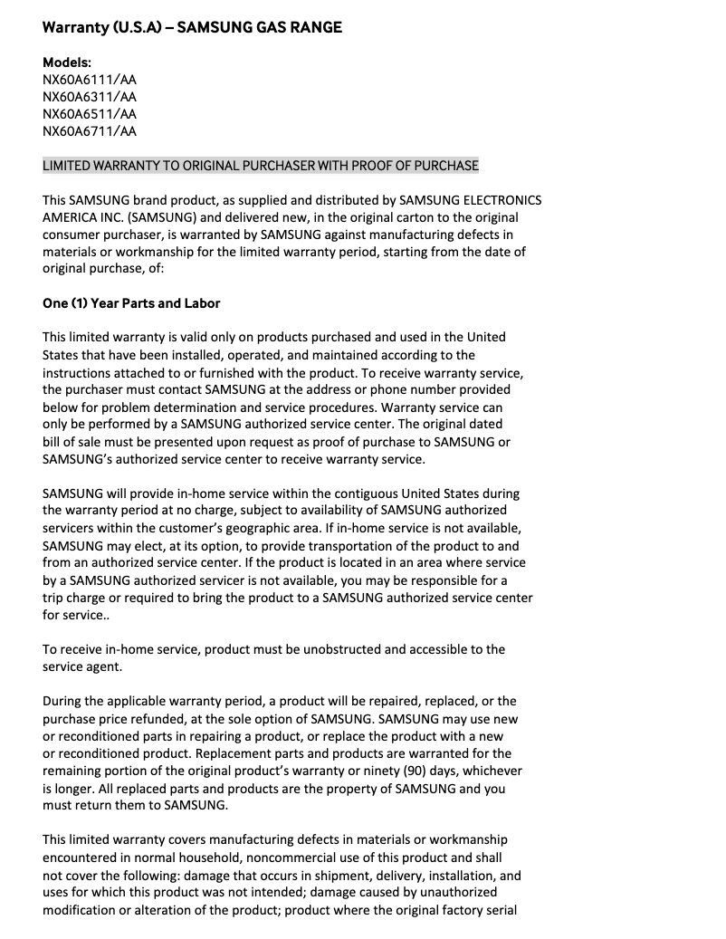 Page 1 de la notice Informations de garantie Samsung NE63A6511SG