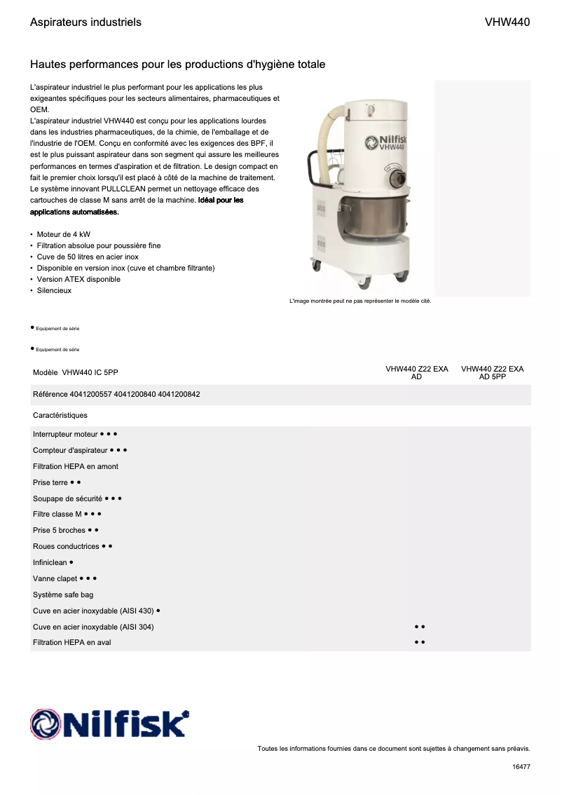 Página 1 del manual Ficha técnica Nilfisk VHW440