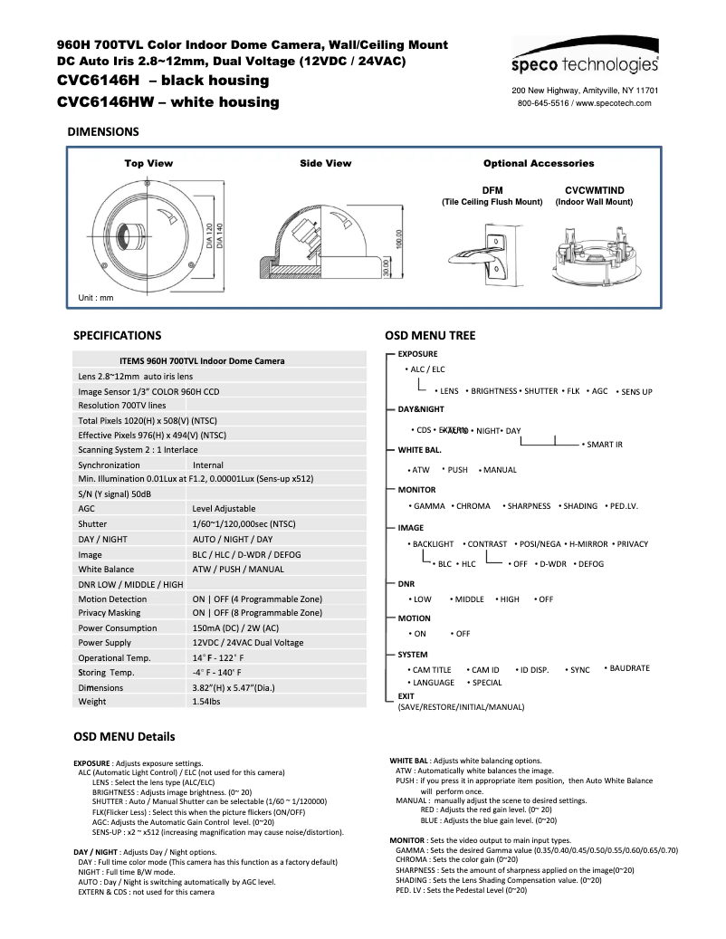 Page 1 de la notice Manuel utilisateur Speco Technologies CVC6146HW