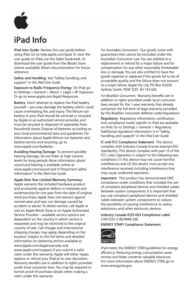 Image de la première page du manuel de l'appareil iPad