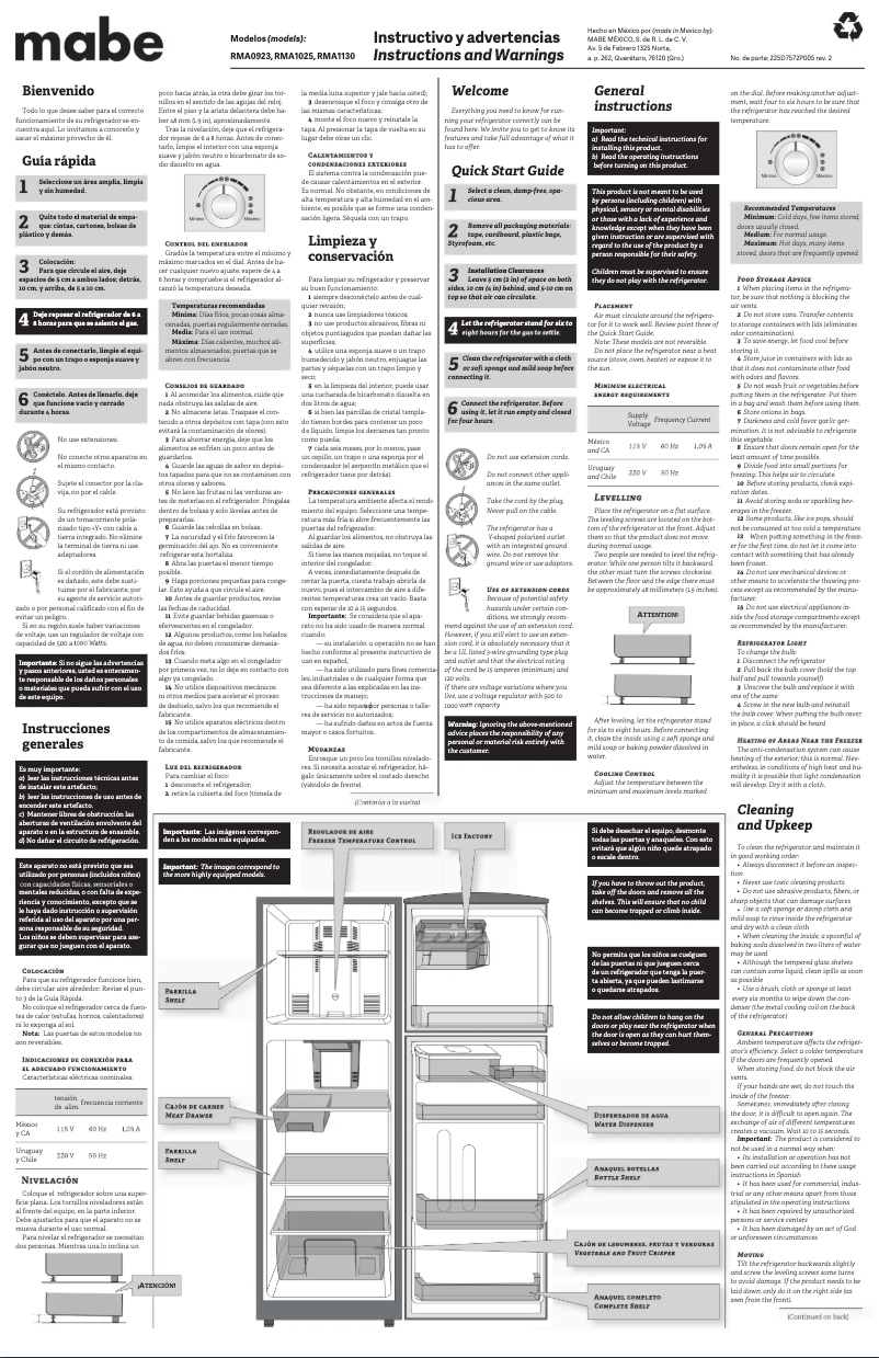 Page 1 de la notice Manuel utilisateur Mabe RMA1025XMXE1