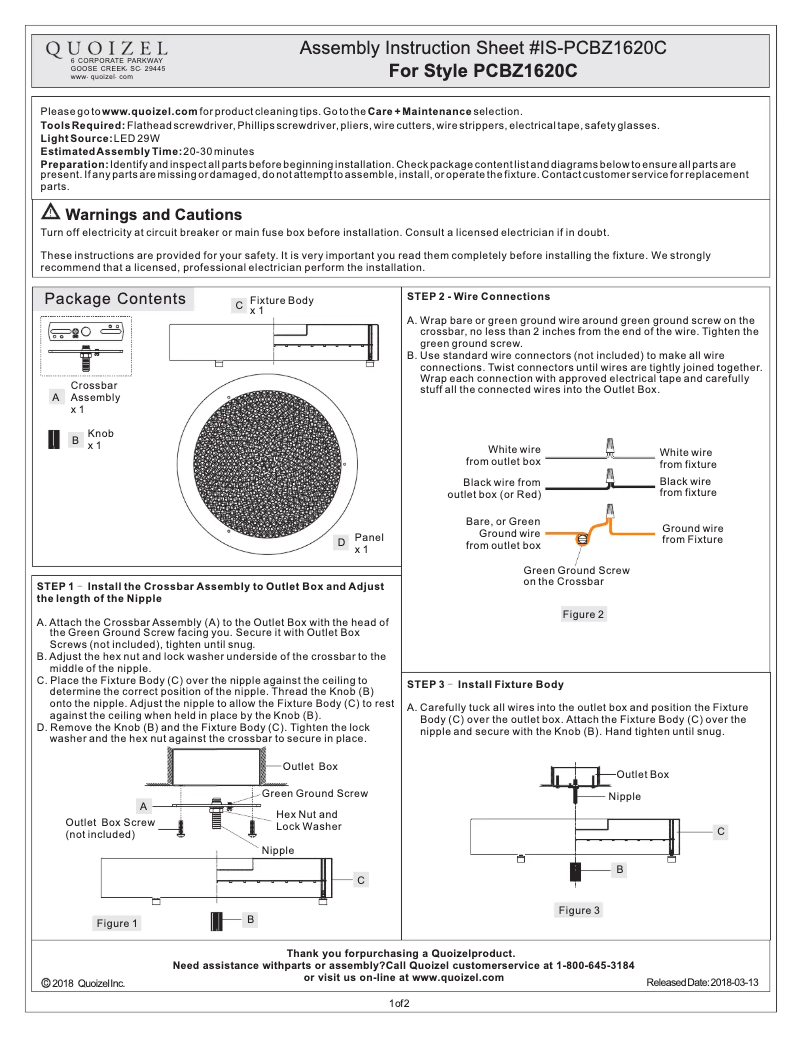 Page 1 de la notice Manuel utilisateur Quoizel Blaze PCBZ1620C