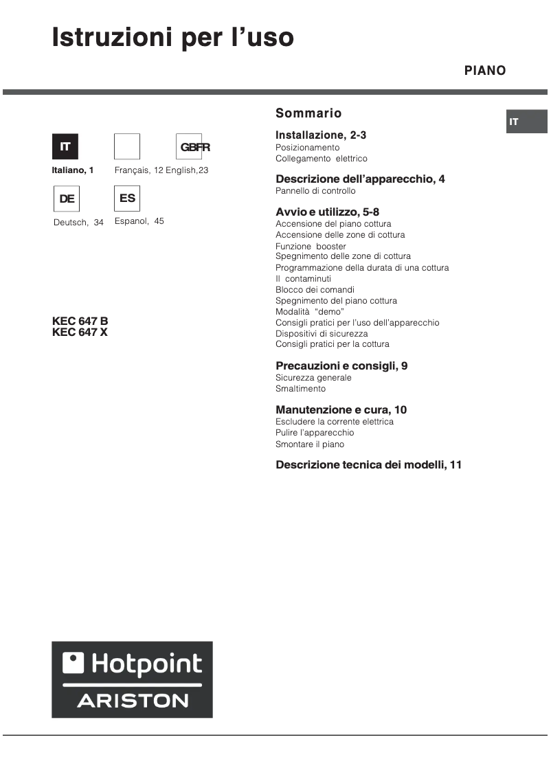 Page n°1 - Manuel utilisateur Hotpoint Ariston KEC 647 B