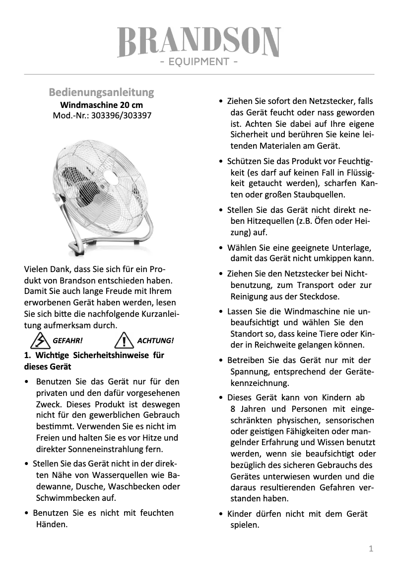 Page 1 de la notice Manuel utilisateur Brandson 303397