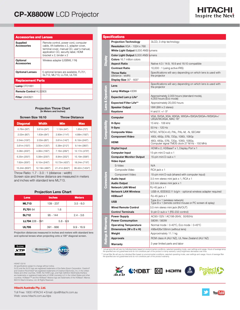 Page n°1 - Fiche technique Hitachi CP-X8800W