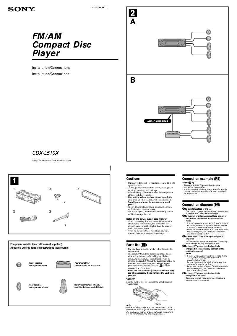 Page n°1 - Guide d'installation Sony CDX-L510X
