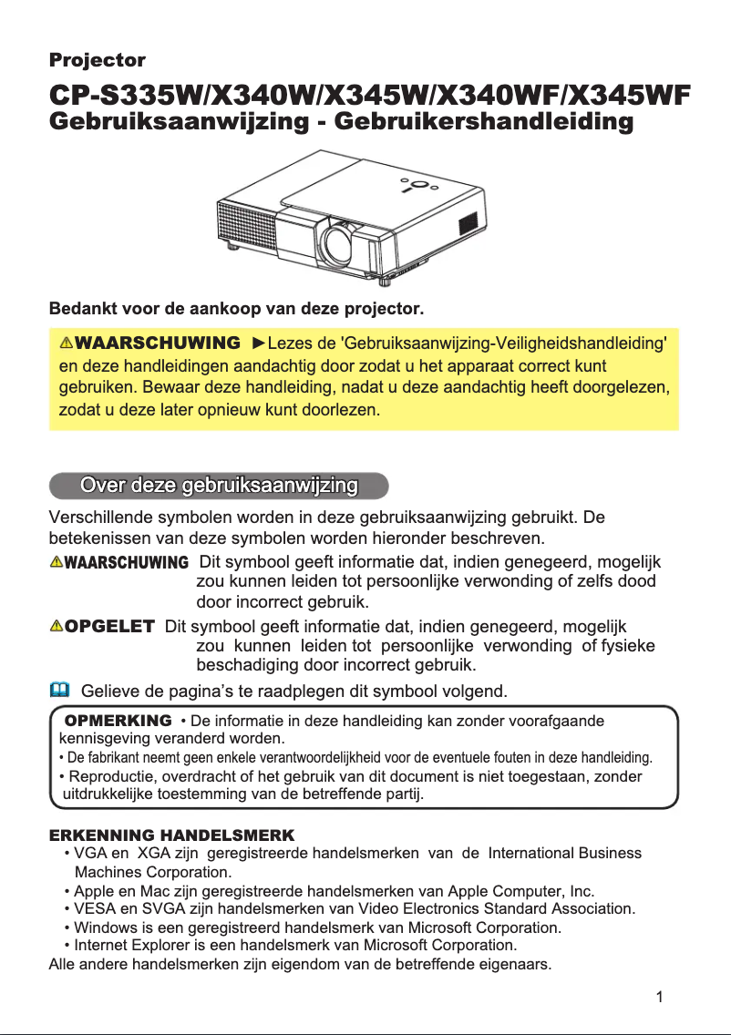 Image de la première page du manuel de l'appareil CP-X340WF